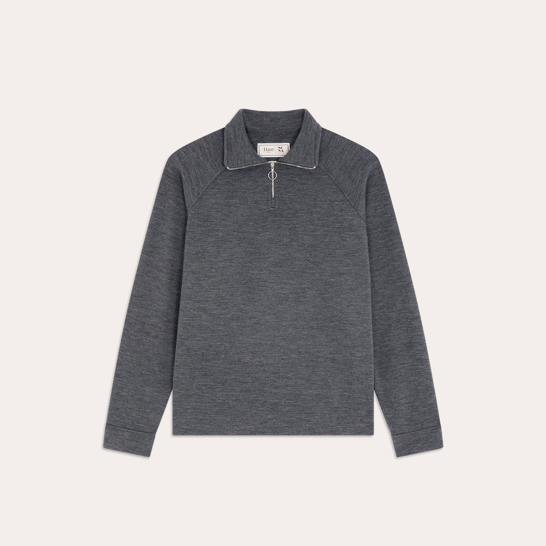 Sweatshirt gris col zippé en laine points Milano