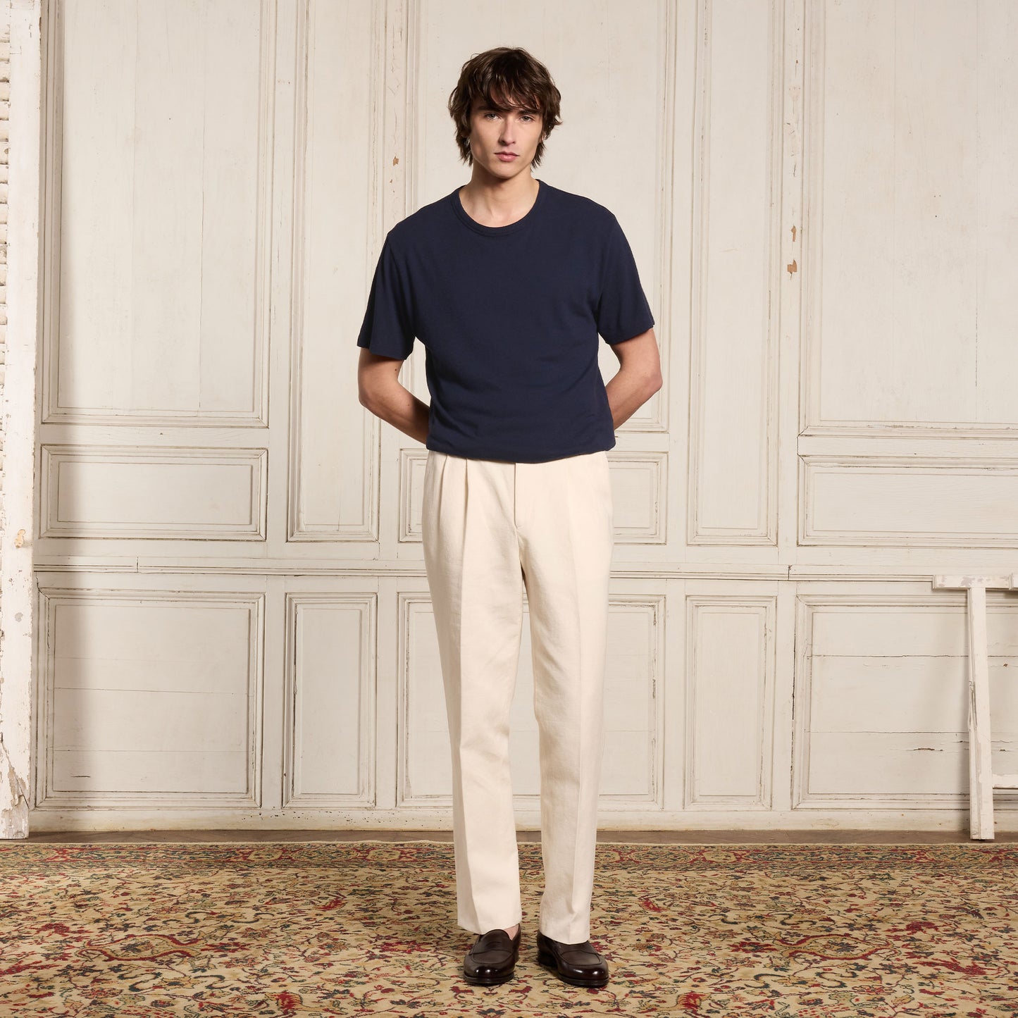 Navy cotton and linen T-shirt