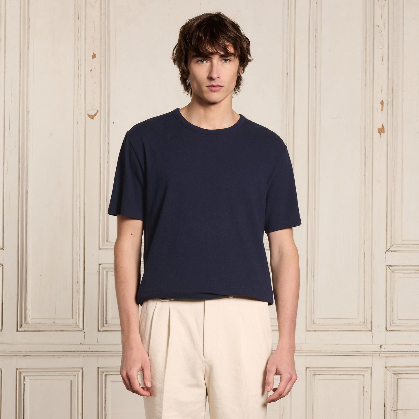 Navy cotton and linen T-shirt
