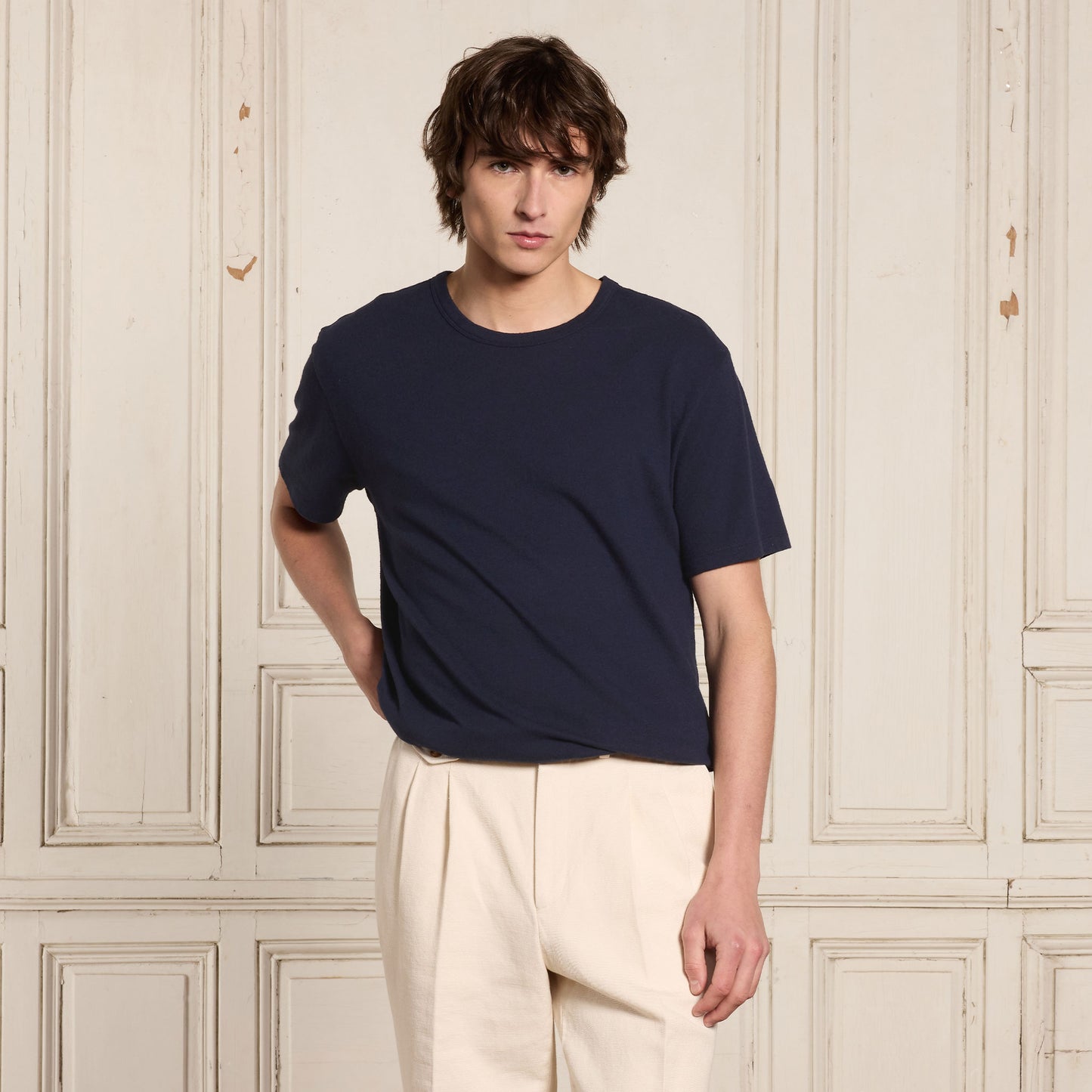 Navy cotton and linen T-shirt