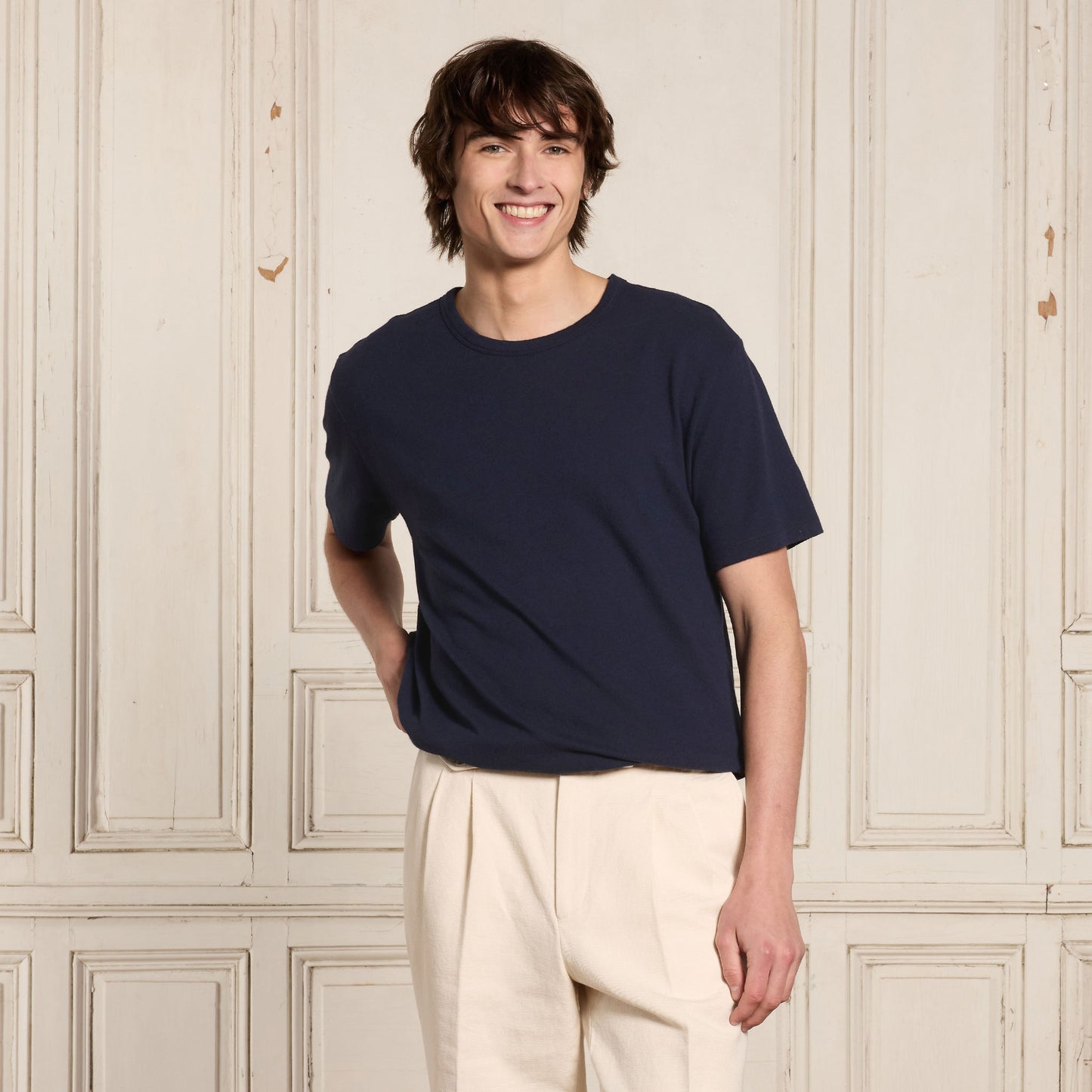 Navy cotton and linen T-shirt