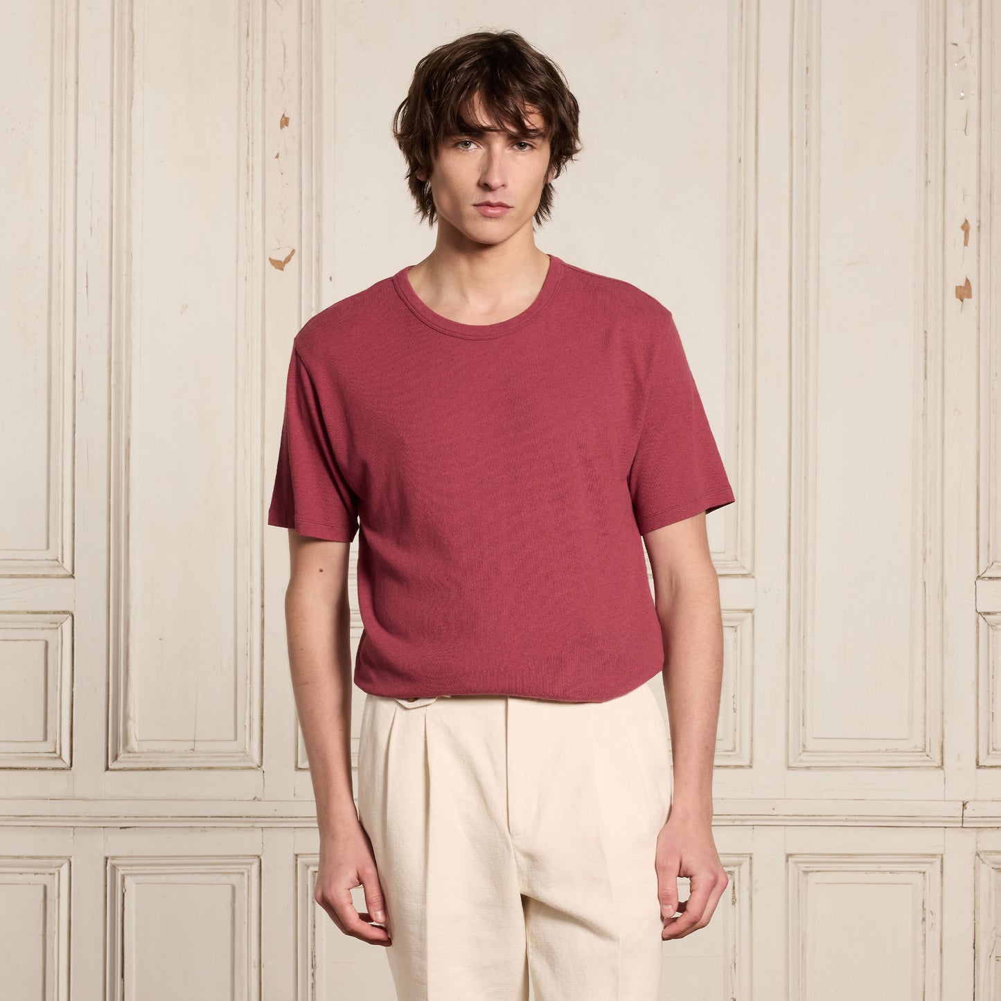 Raspberry cotton and linen T-shirt