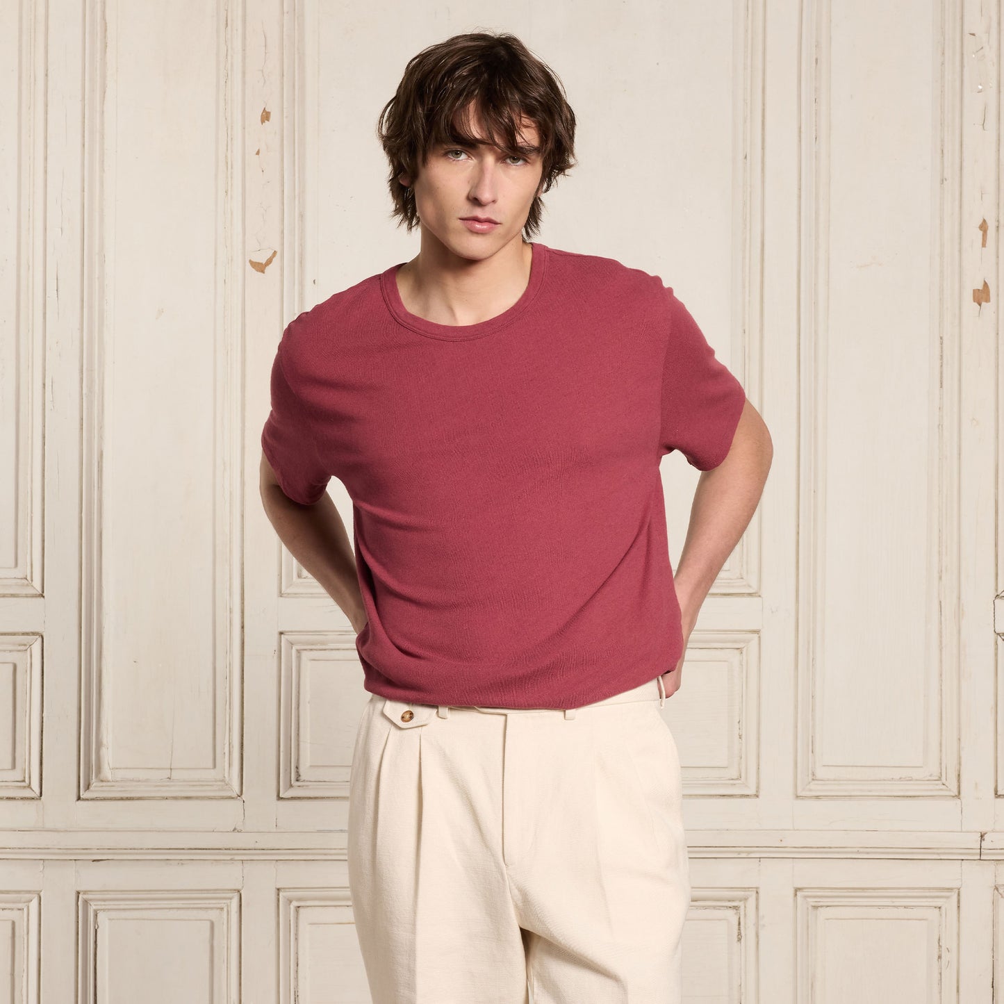 Raspberry cotton and linen T-shirt