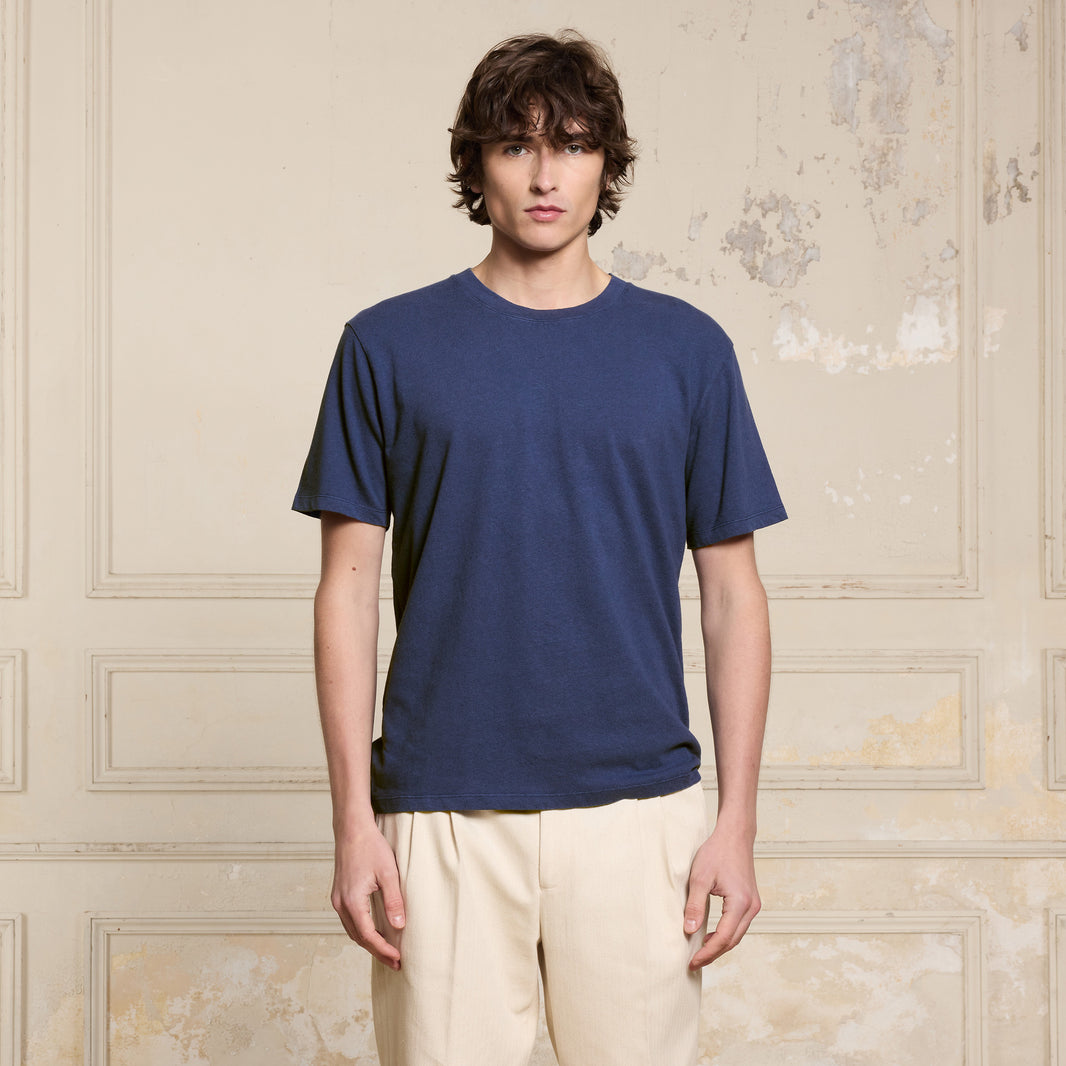 Nautical blue linen and cotton T-shirt