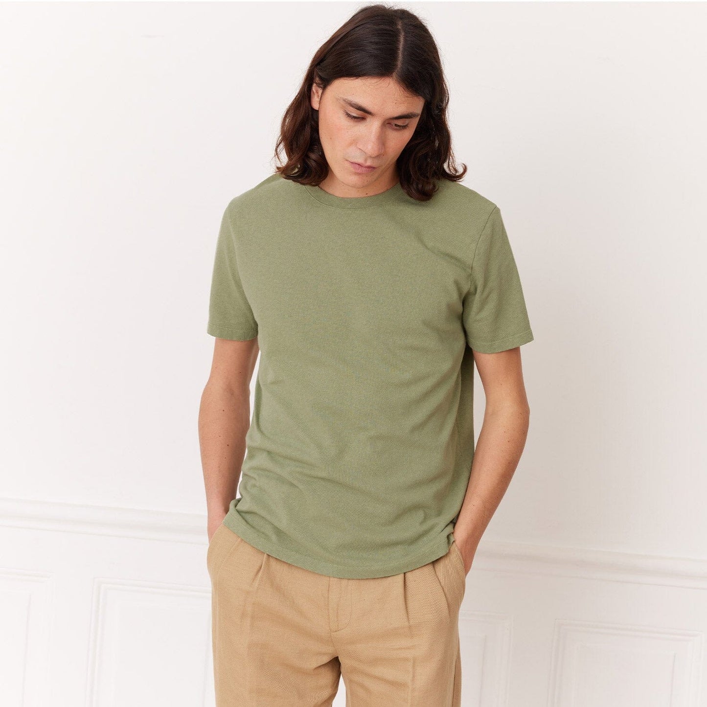 Sage green cotton and linen T-shirt