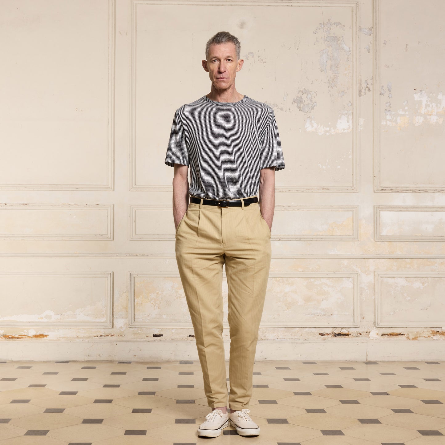 Navy and white striped cotton and linen T-shirt