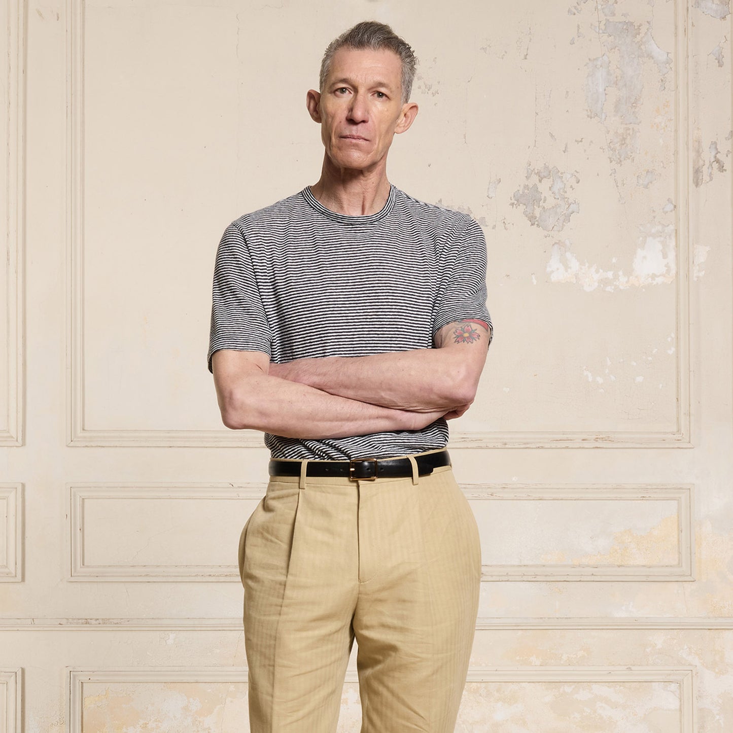 Navy and white striped cotton and linen T-shirt