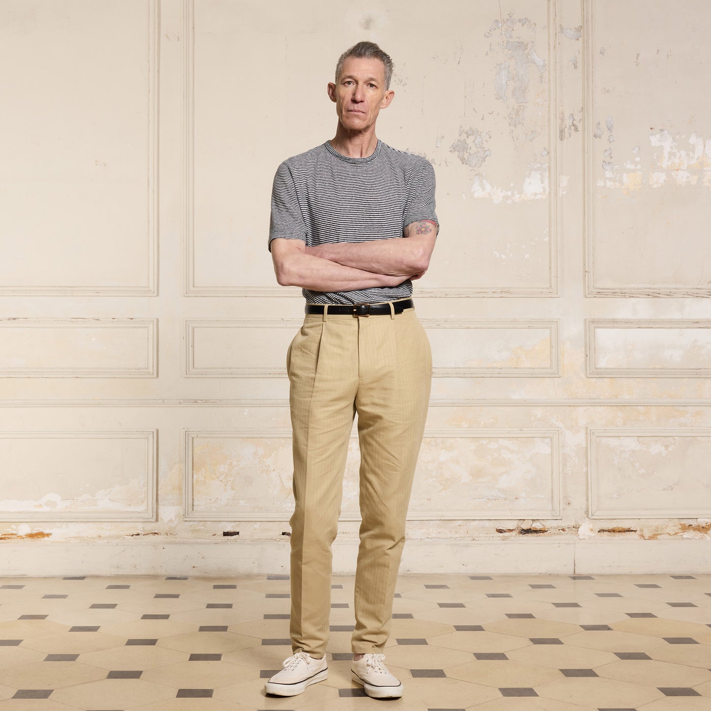 Navy and white striped cotton and linen T-shirt