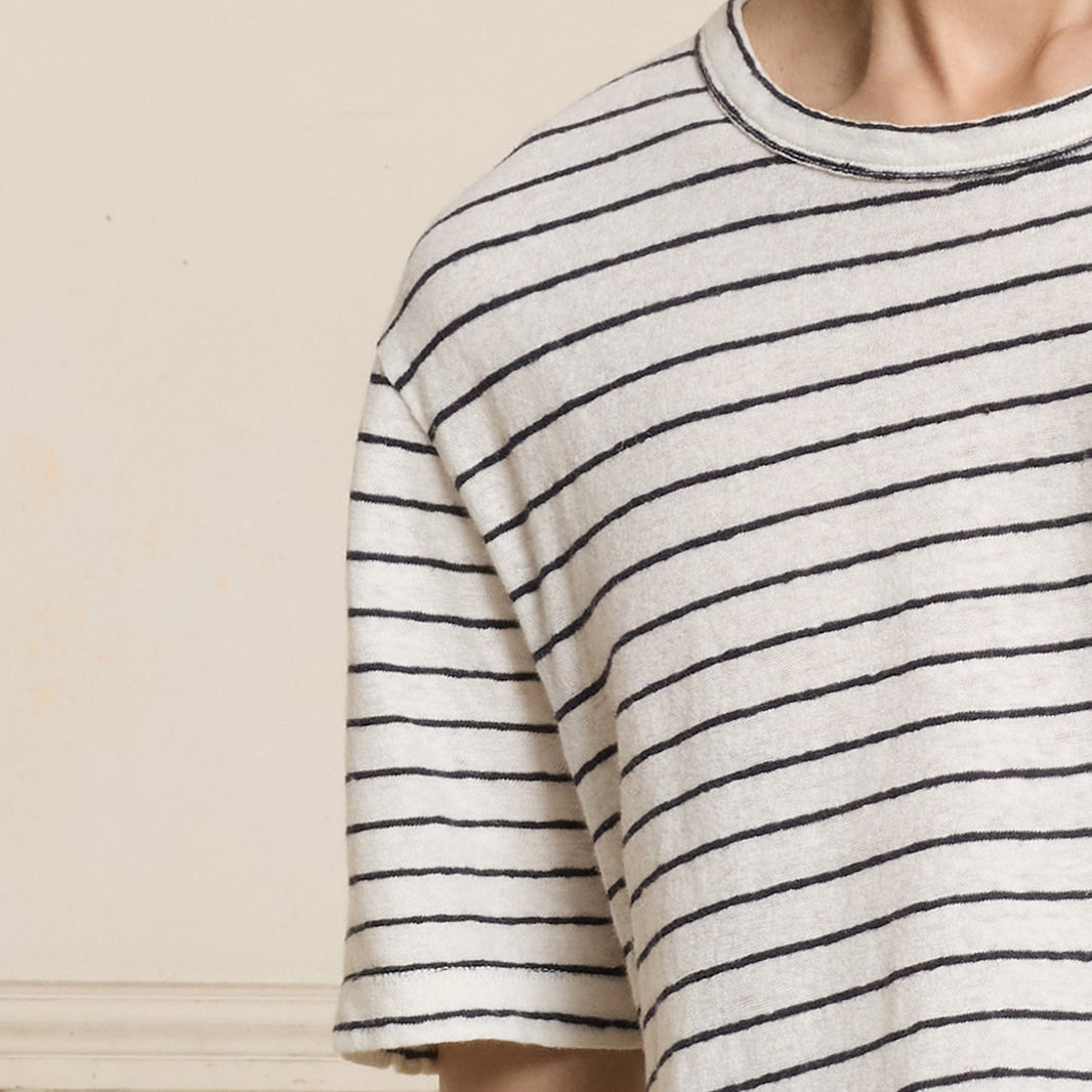 Ecru cotton and linen T-shirt with navy stripes