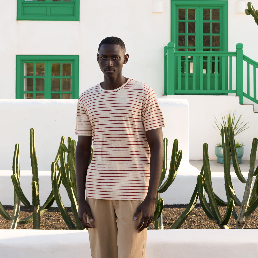 T-shirt en coton et lin écru à rayures bordeaux