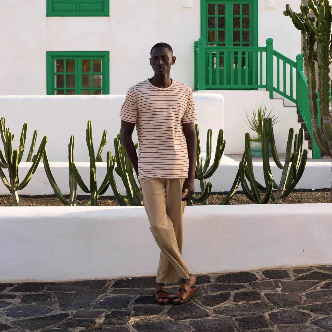T-shirt en coton et lin écru à rayures bordeaux