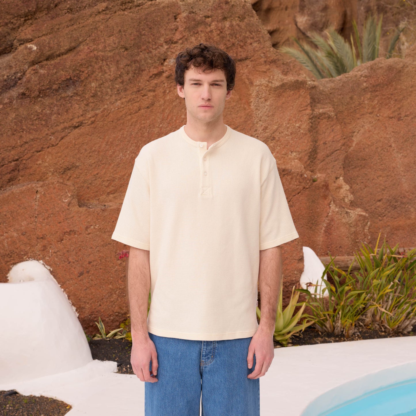 Ecru cotton Henley T-shirt