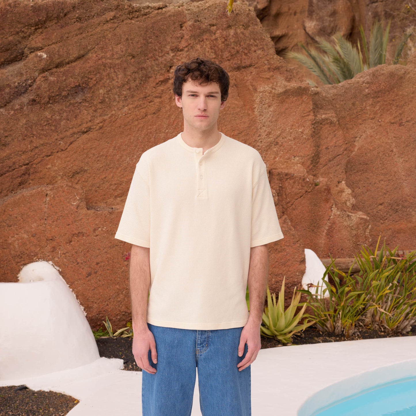 Ecru cotton Henley T-shirt