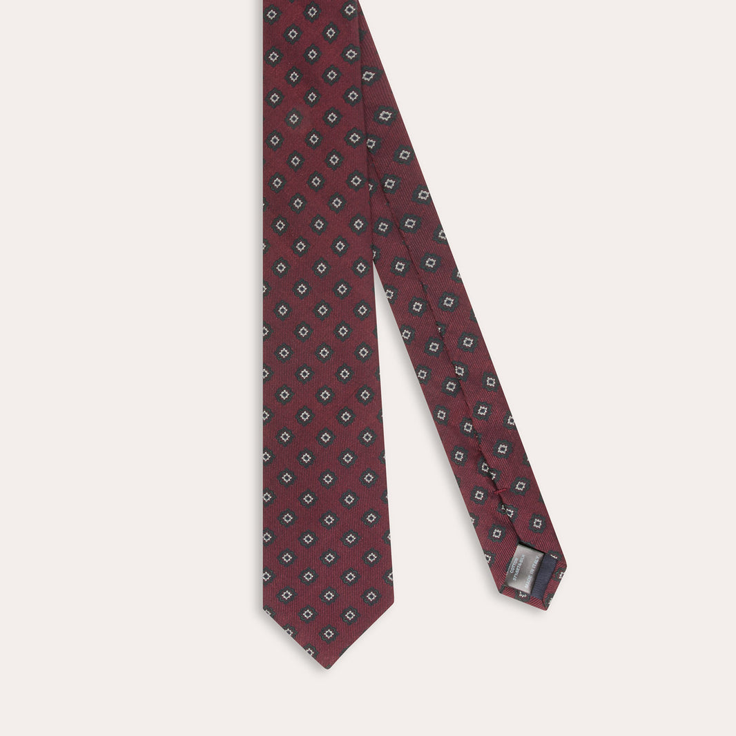 Cravate en coton soie bordeaux vert à motifs