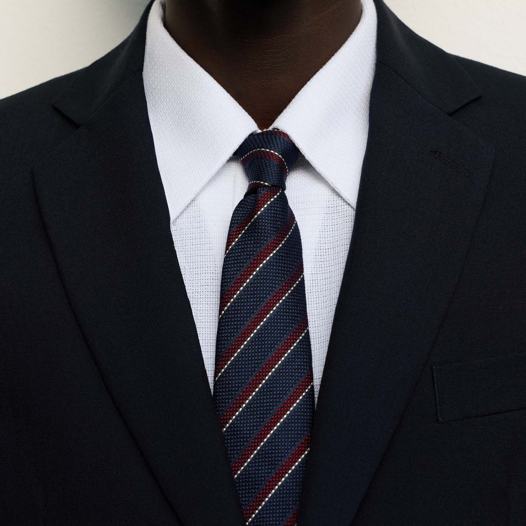 Cravate en soie coton marine rayure bordeaux