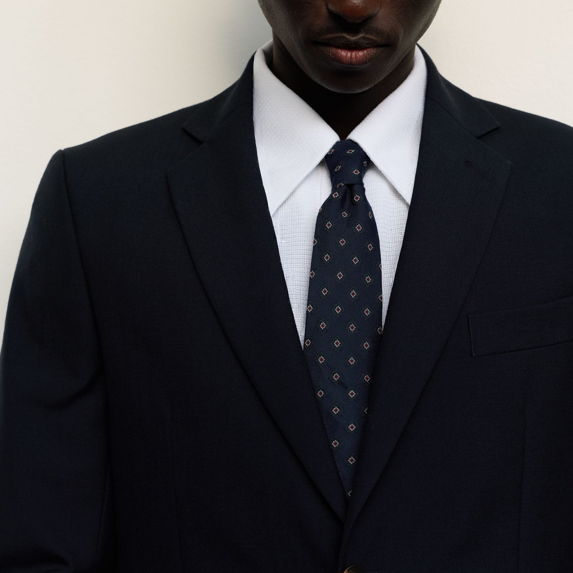 Cravate en coton soie marine vert à motifs