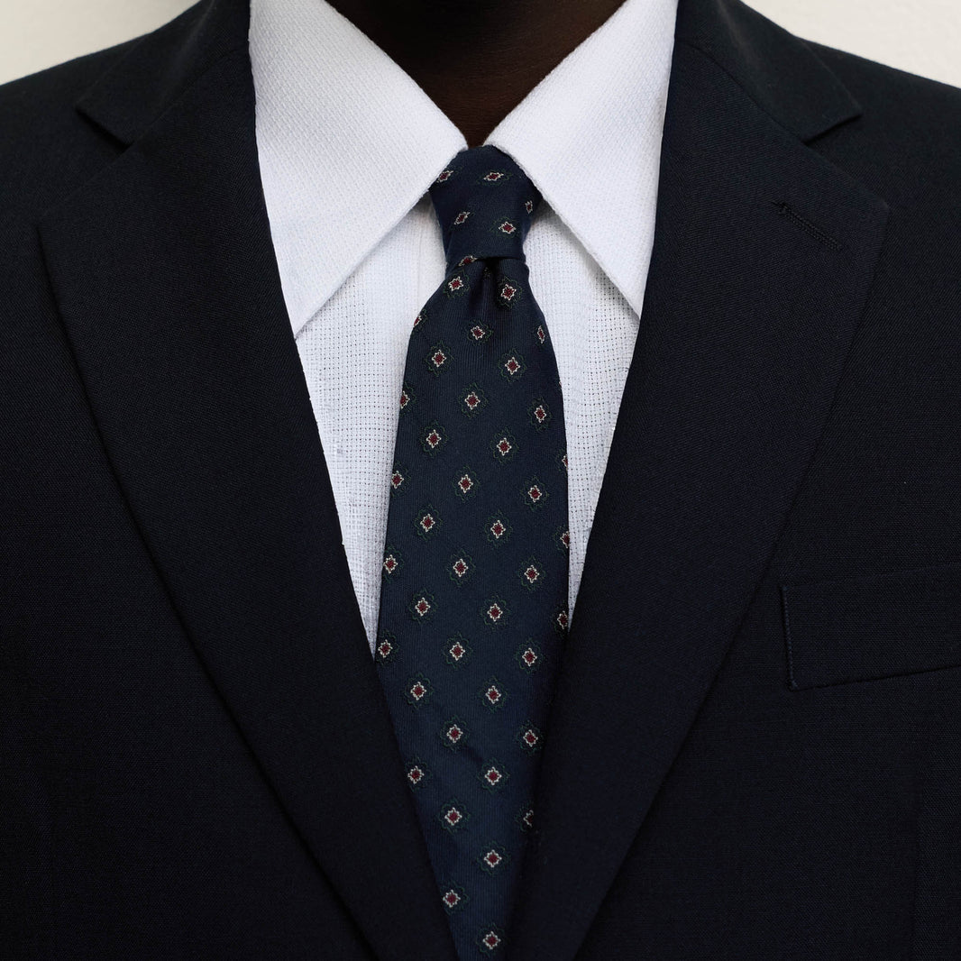 Cravate en coton soie marine vert à motifs