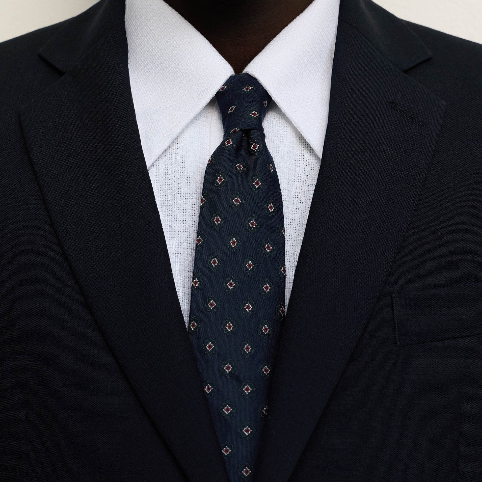 Cravate en coton soie marine vert à motifs