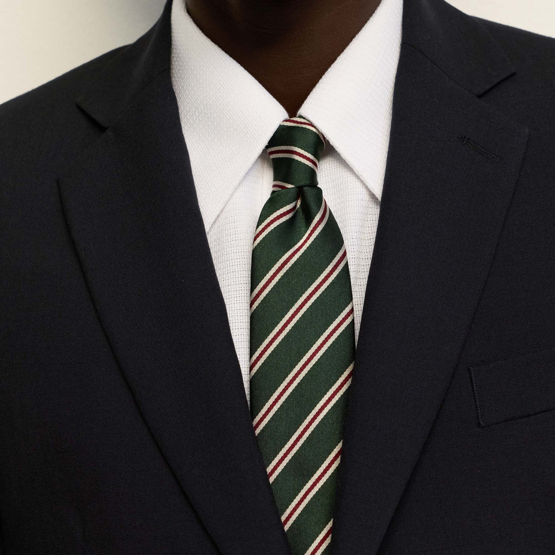 Cravate en soie coton vert rayure bordeaux