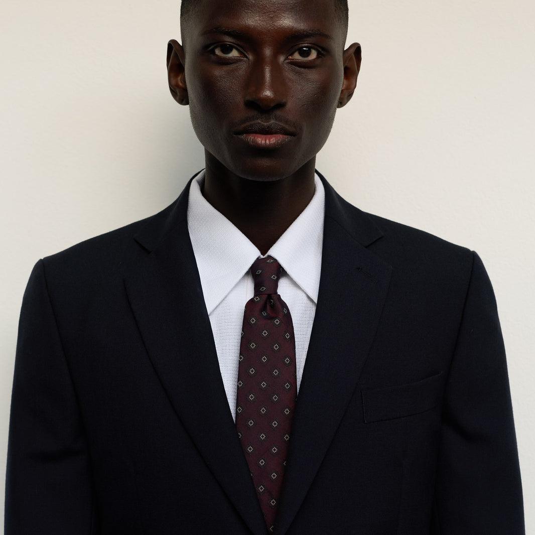 Cravate en coton soie bordeaux vert à motifs