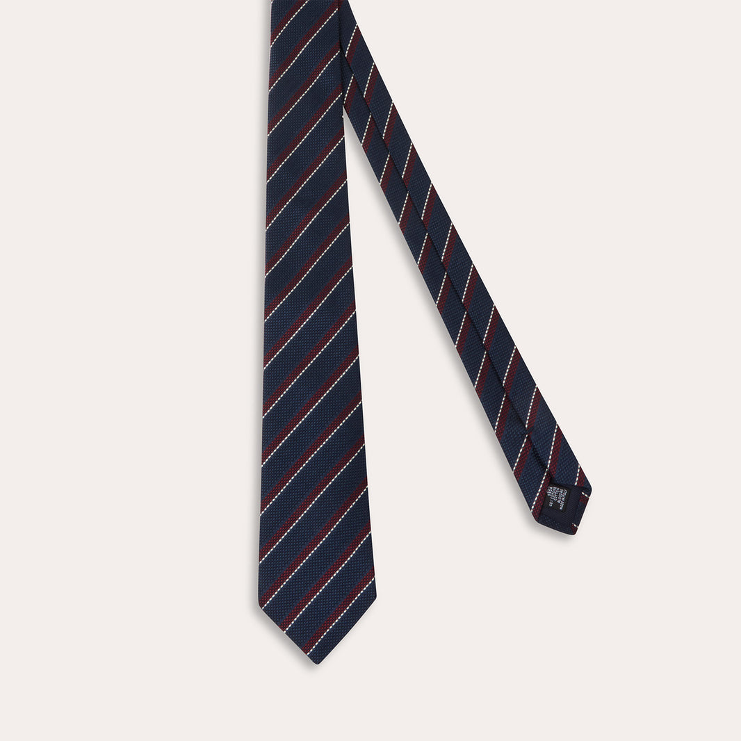 Cravate en soie coton marine rayure bordeaux