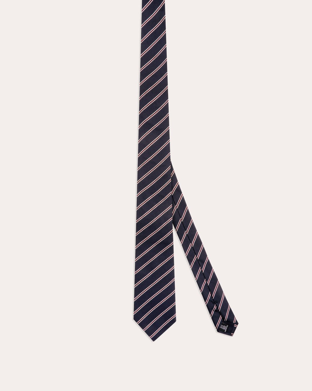 Navy silk tie with a burgundy stripe