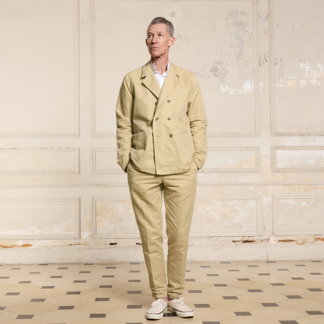 Beige cotton and linen double-breasted work jacket