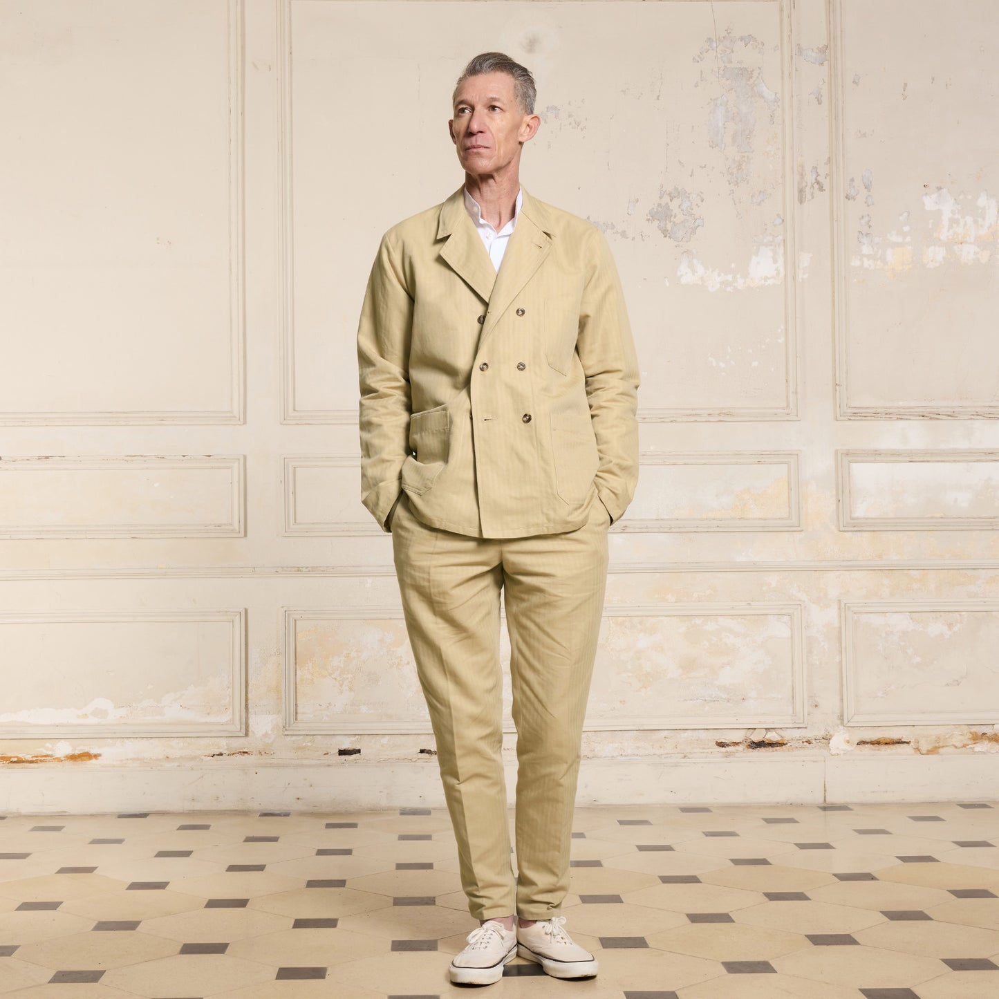 Beige cotton and linen double-breasted work jacket