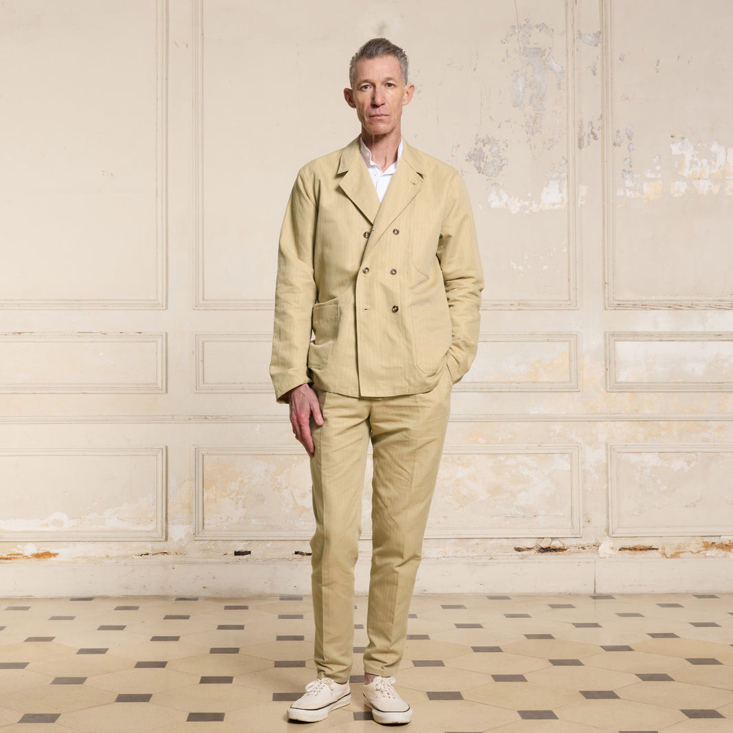 Beige cotton and linen double-breasted work jacket