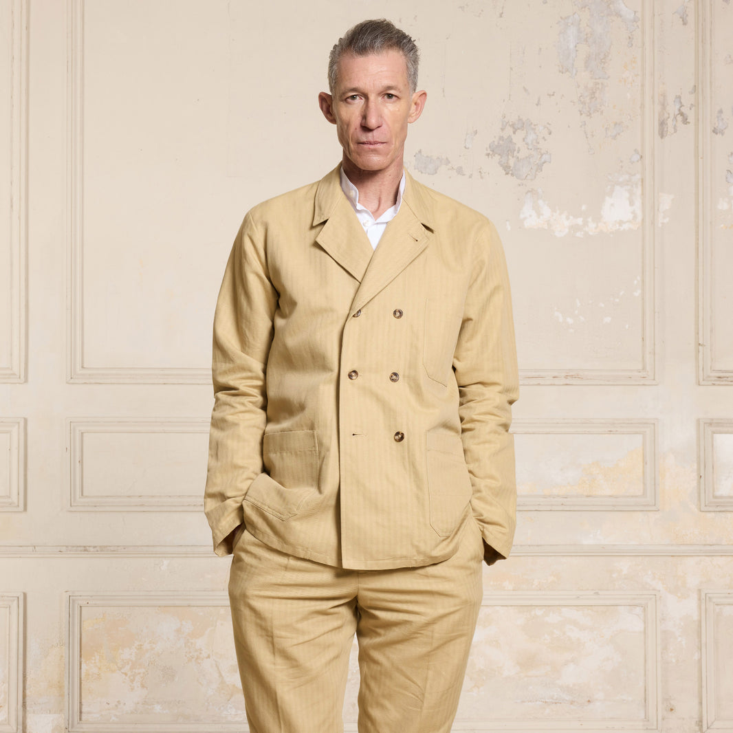 Beige cotton and linen double-breasted work jacket