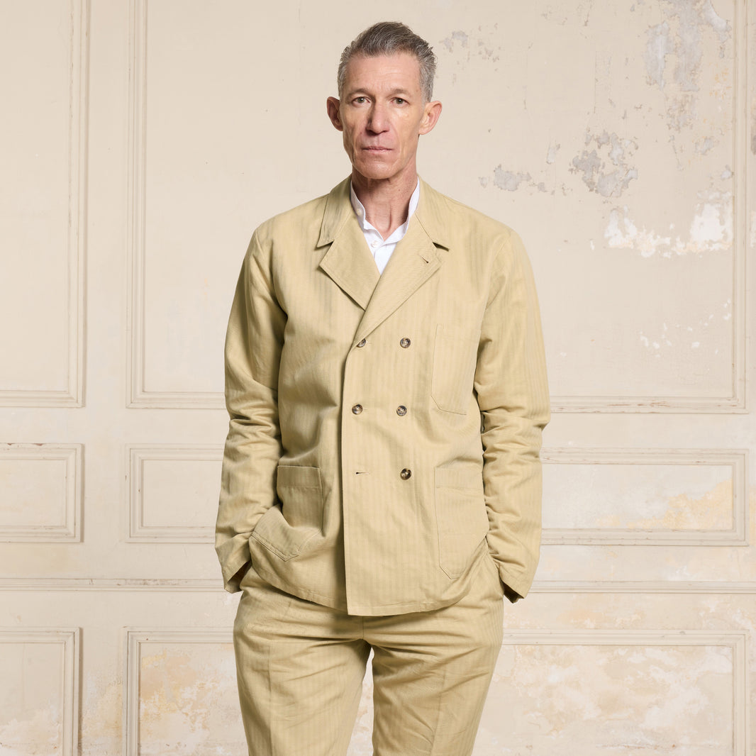 Beige cotton and linen double-breasted work jacket