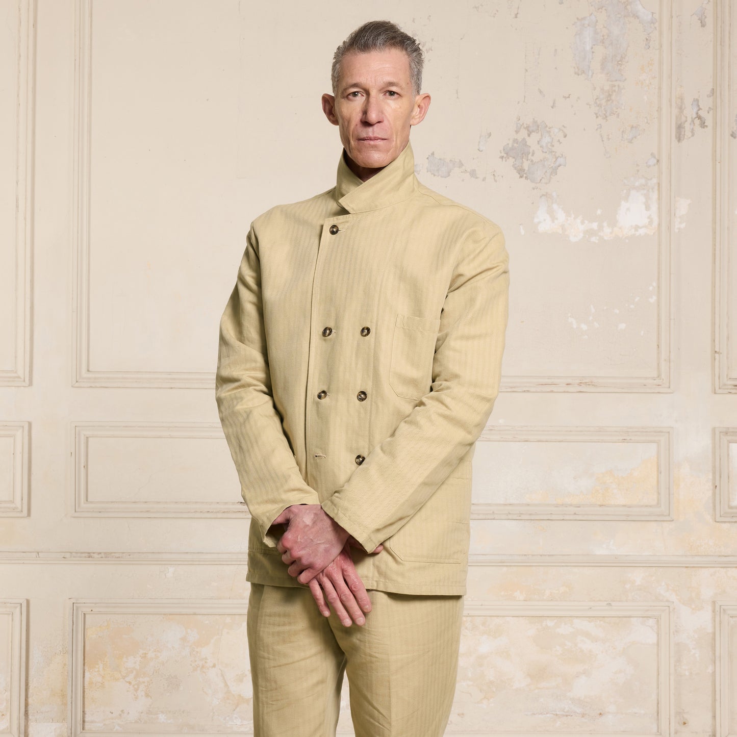 Beige cotton and linen double-breasted work jacket