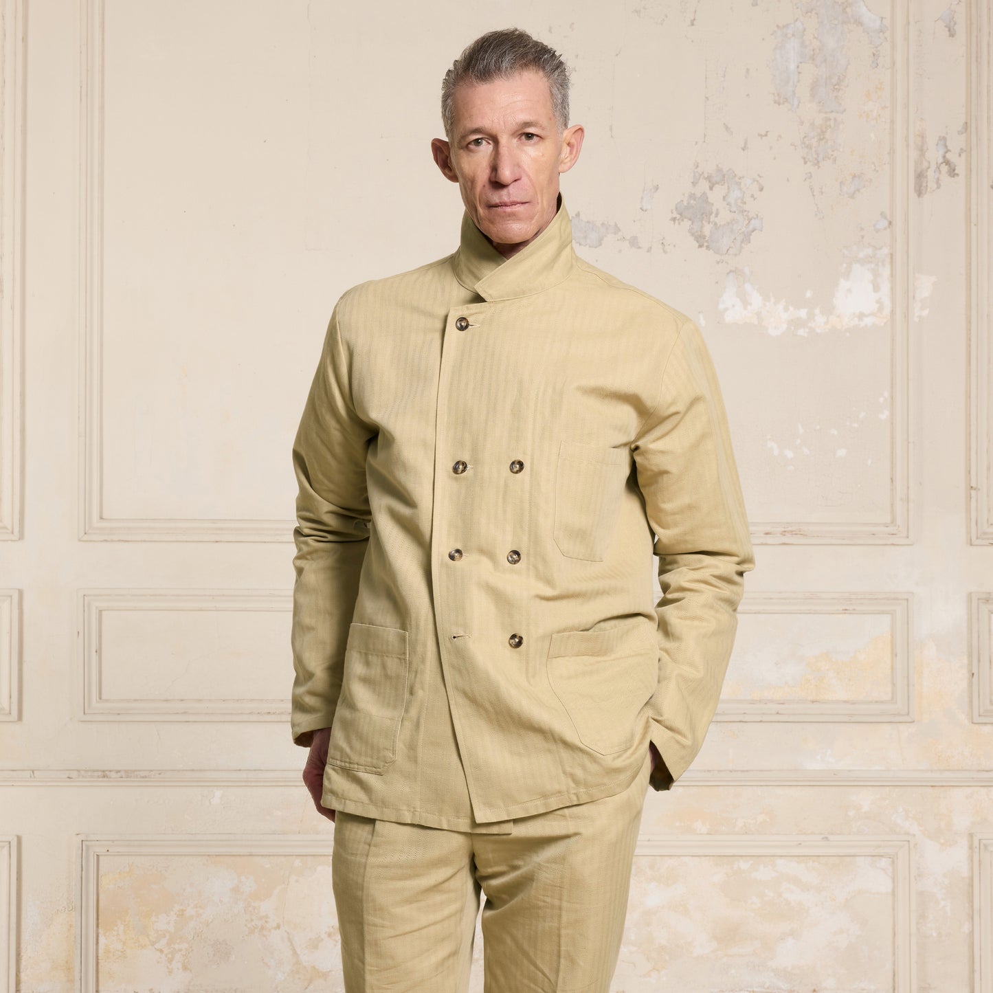 Beige cotton and linen double-breasted work jacket