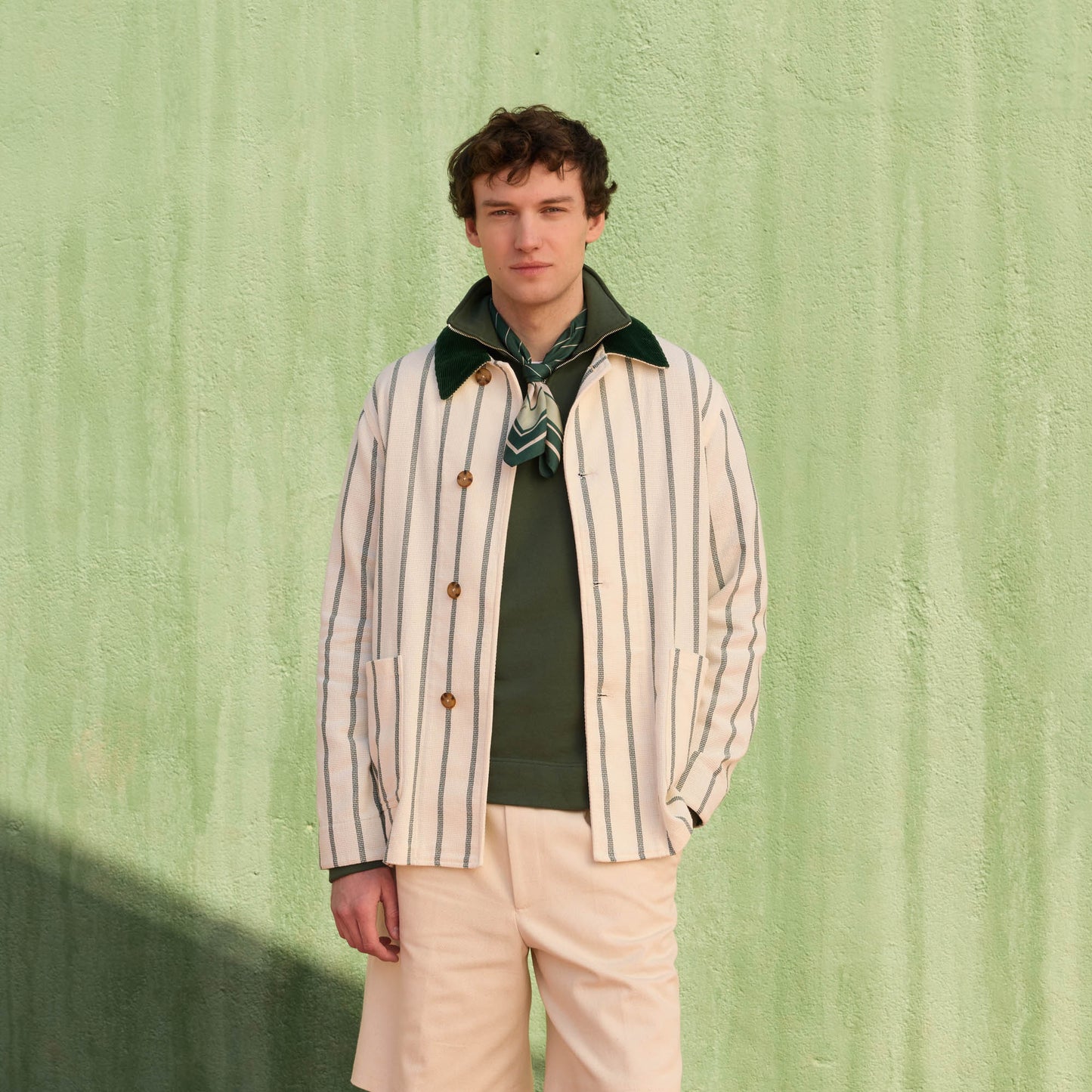 Ecru cotton work jacket with green stripes