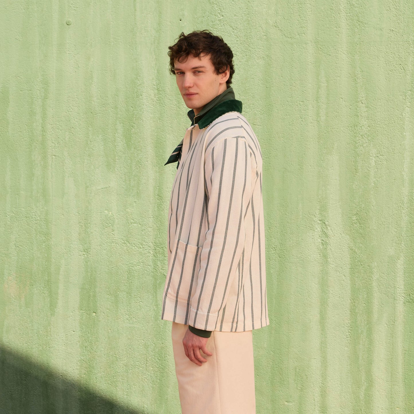 Ecru cotton work jacket with green stripes
