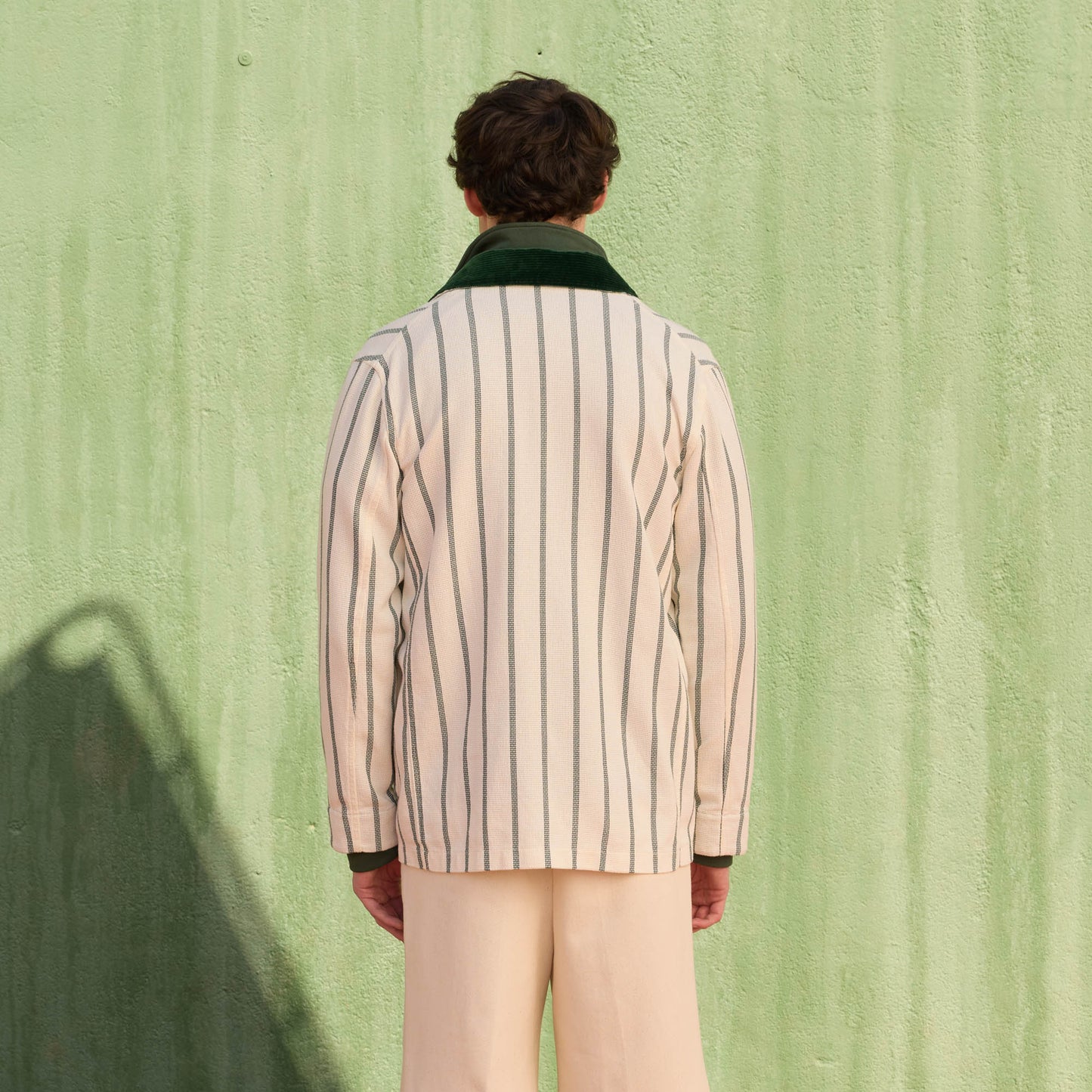Ecru cotton work jacket with green stripes