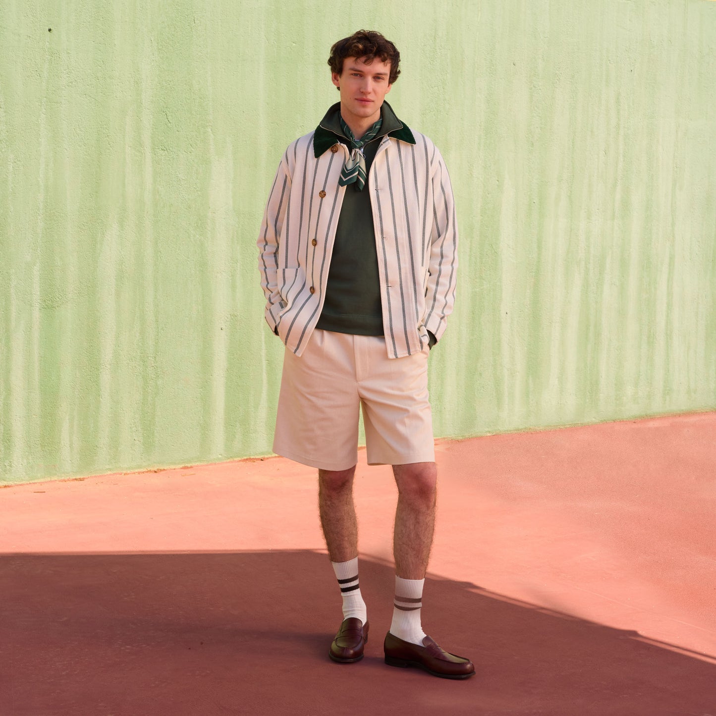 Ecru cotton work jacket with green stripes