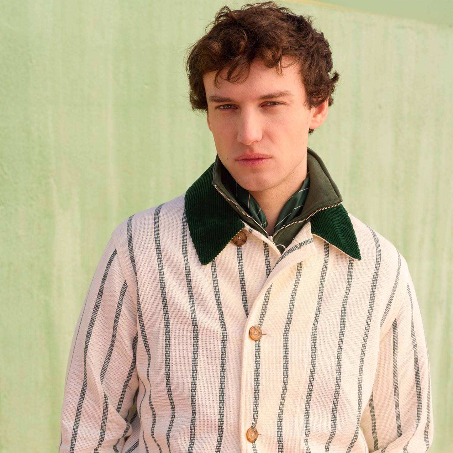 Ecru cotton work jacket with green stripes