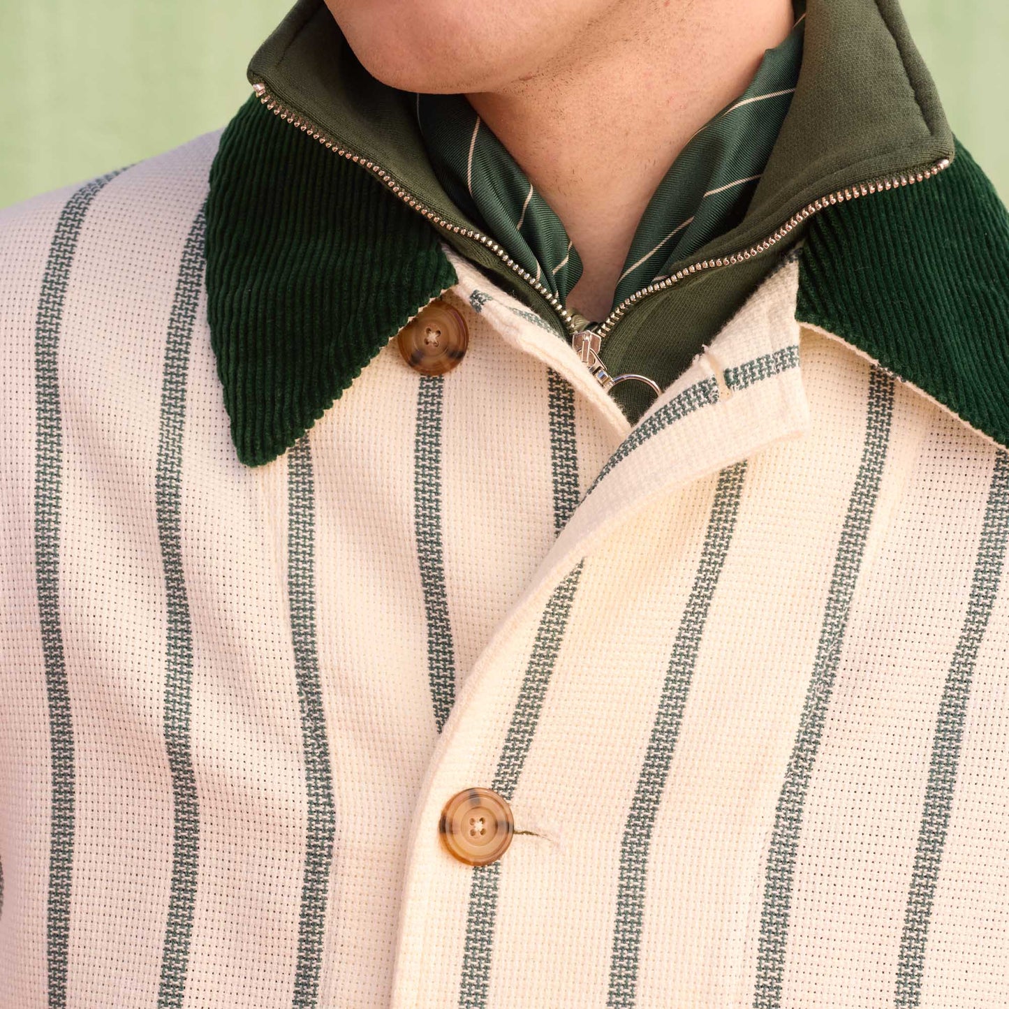 Ecru cotton work jacket with green stripes