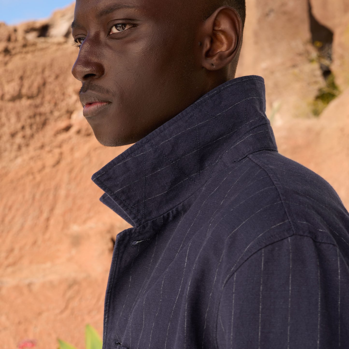 Navy striped linen and cotton workshop jacket