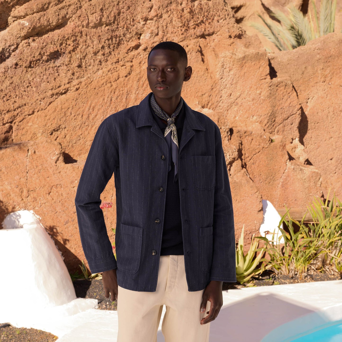 Navy striped linen and cotton workshop jacket