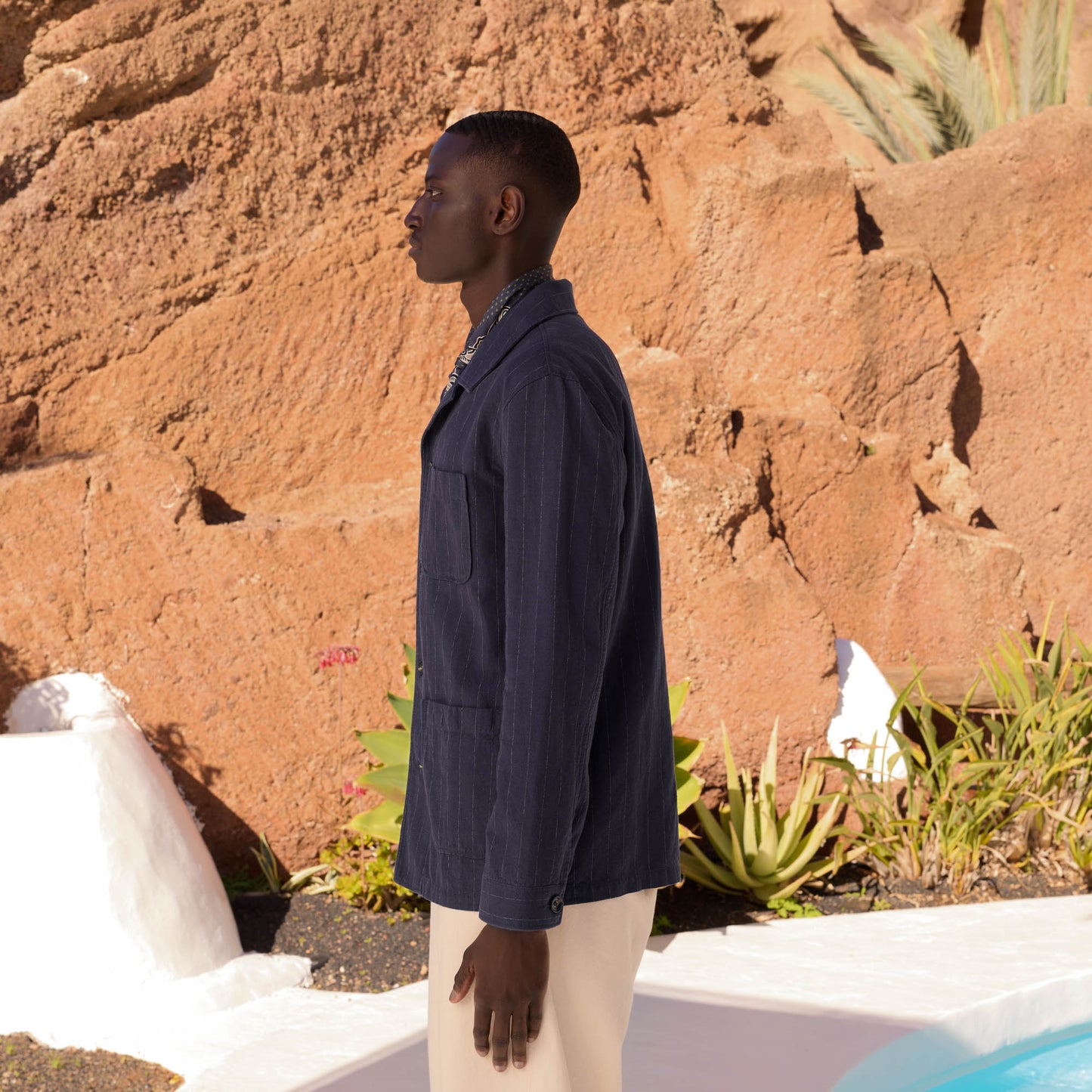 Navy striped linen and cotton workshop jacket