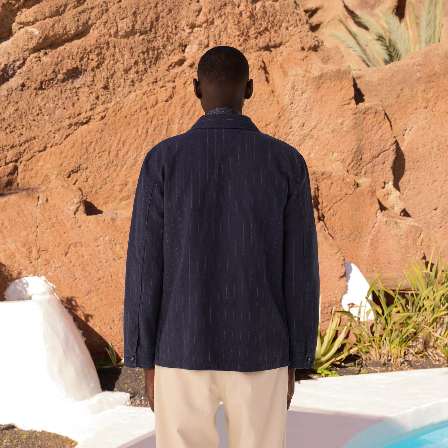 Navy striped linen and cotton workshop jacket