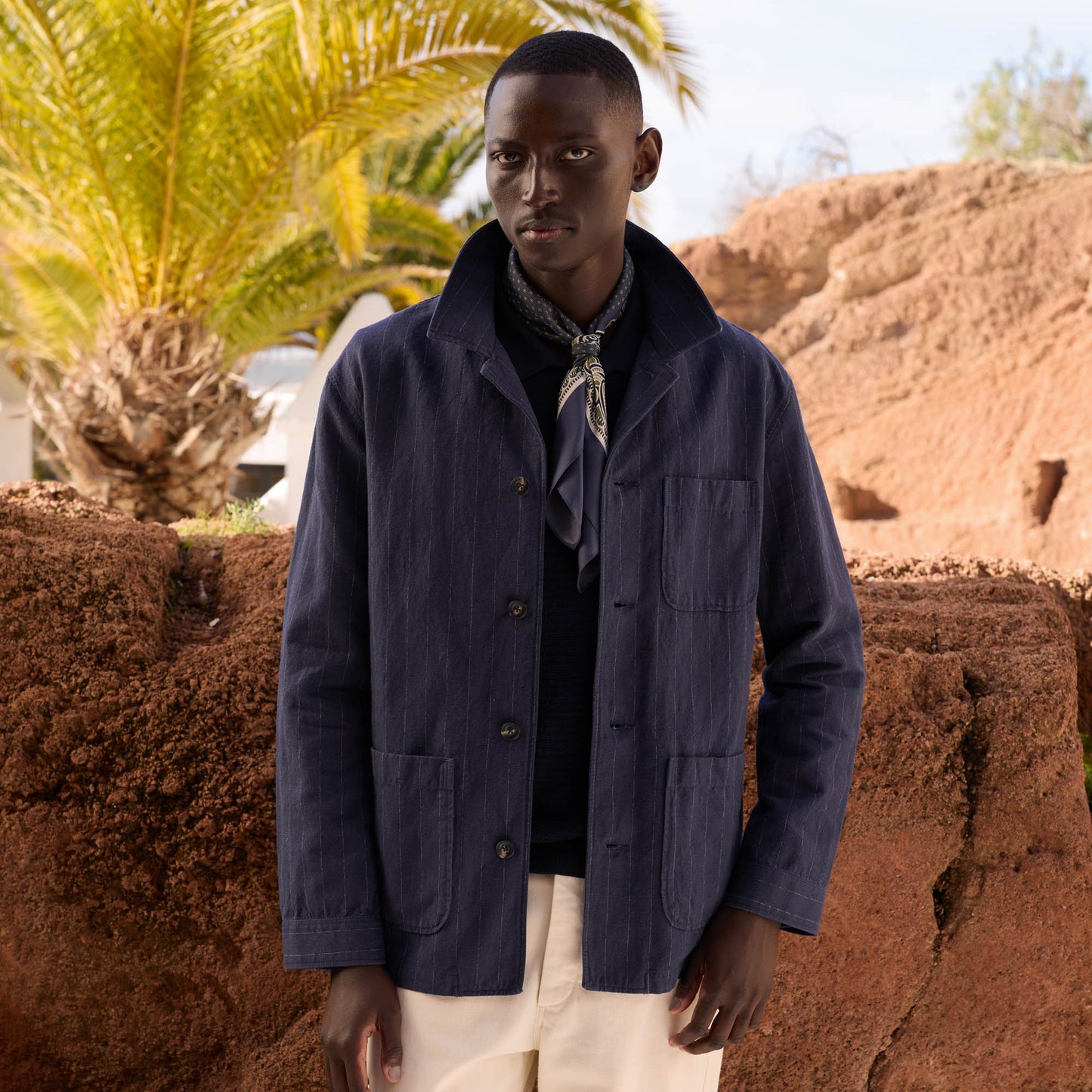 Navy striped linen and cotton workshop jacket