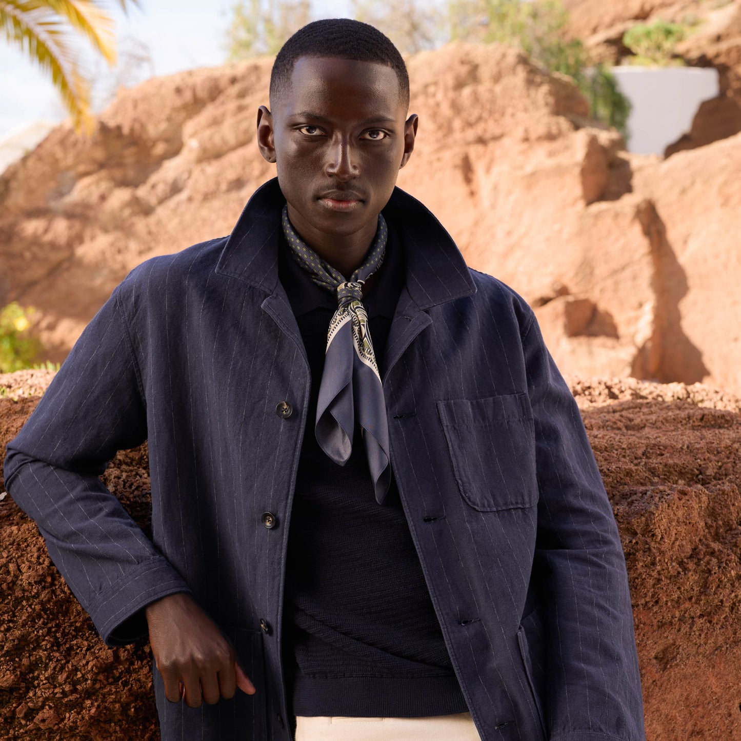 Navy striped linen and cotton workshop jacket