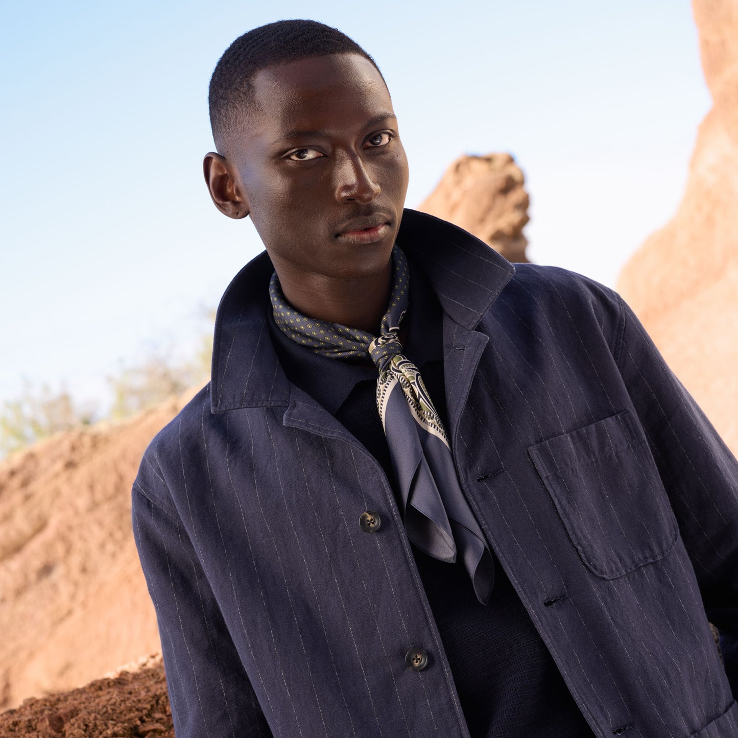 Navy striped linen and cotton workshop jacket