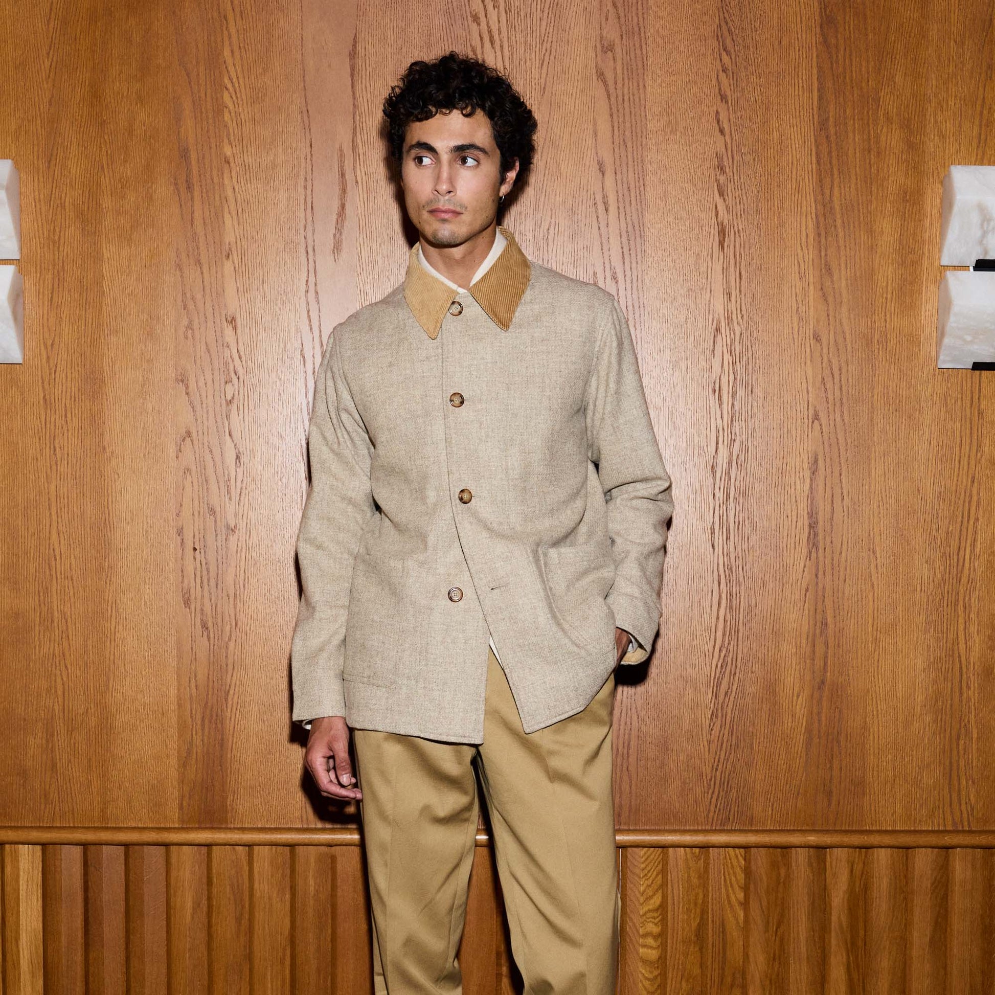 Veste de travail en laine beige chiné