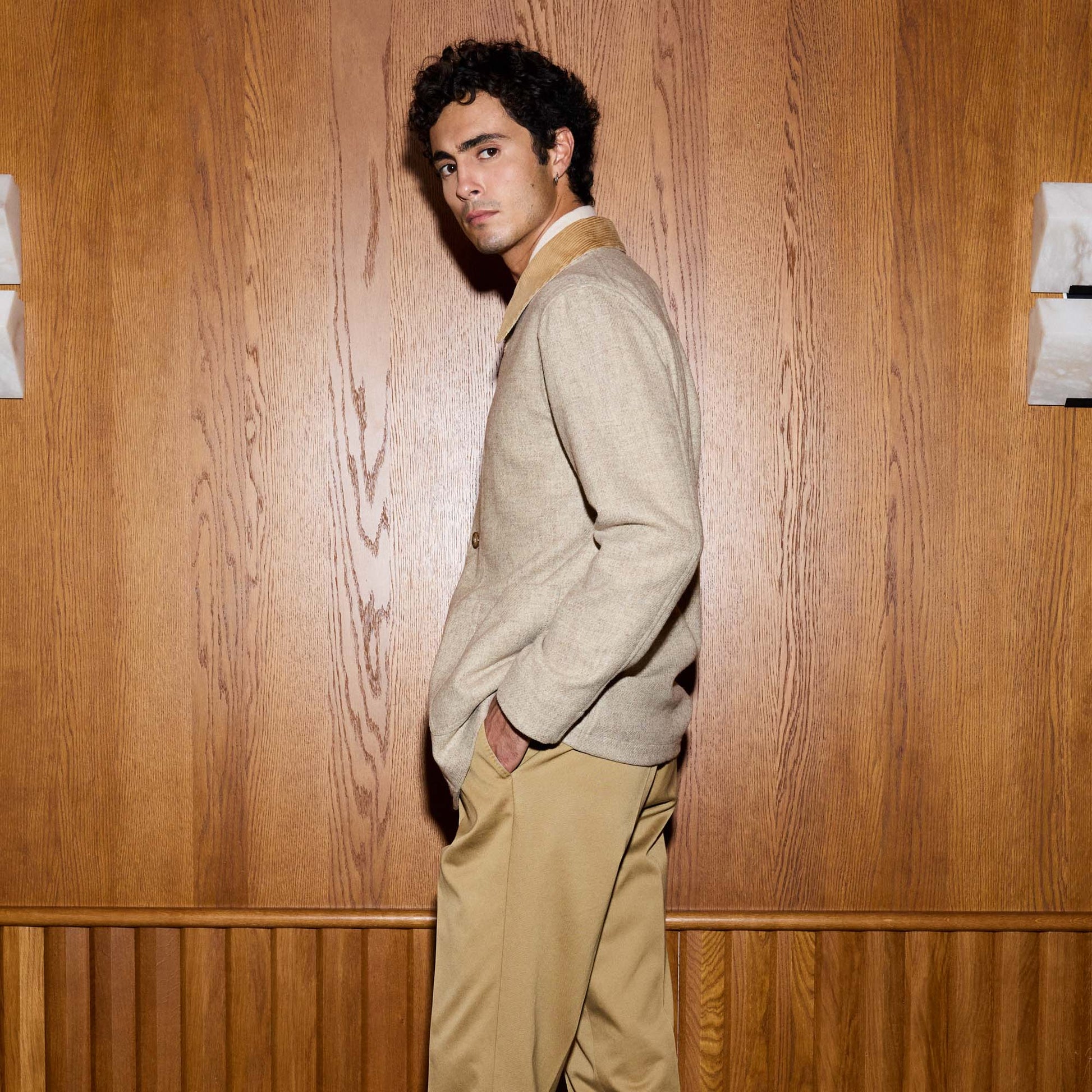 Veste de travail en laine beige chiné