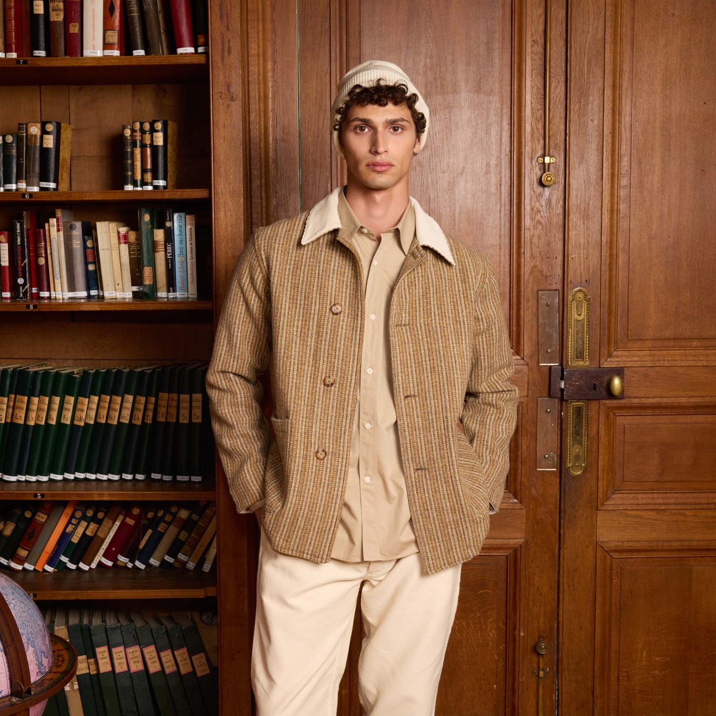 Beige patterned wool work jacket