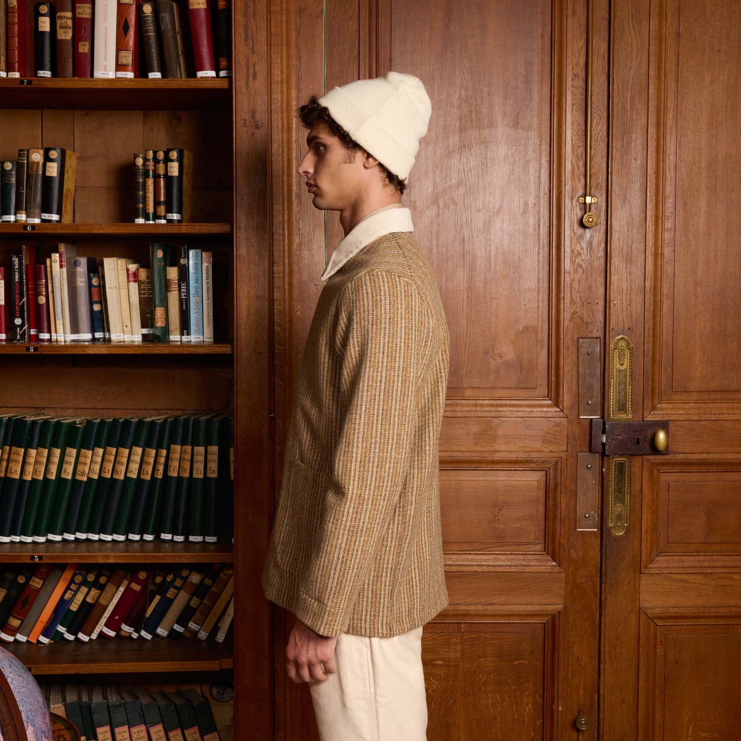 Beige patterned wool work jacket